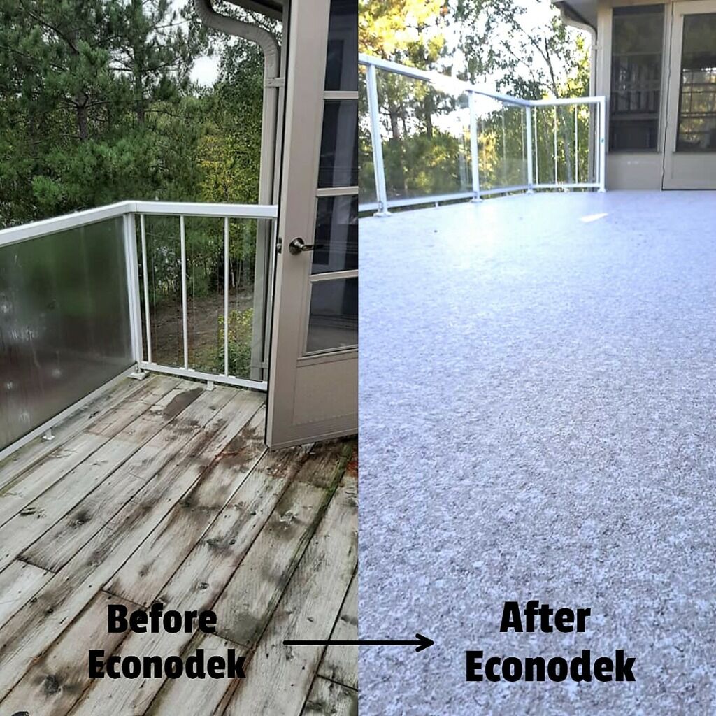 Before and after photos of a sundeck newly resurfaced with Econodek vinyl decking.