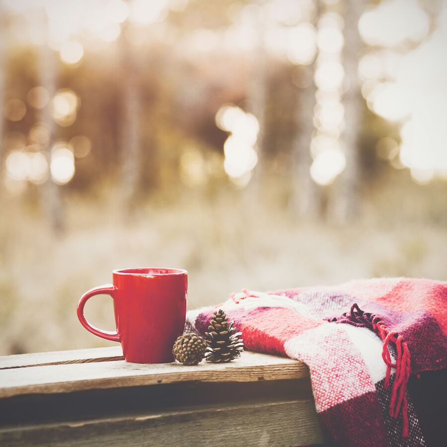 Coffee cup and blanket on wooden deck railing