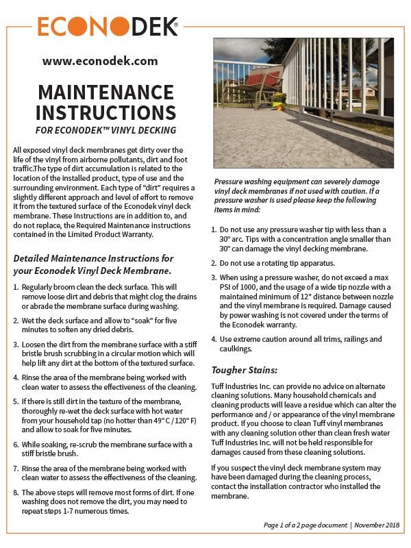 Econodeck vinyl decking maintenance instructions