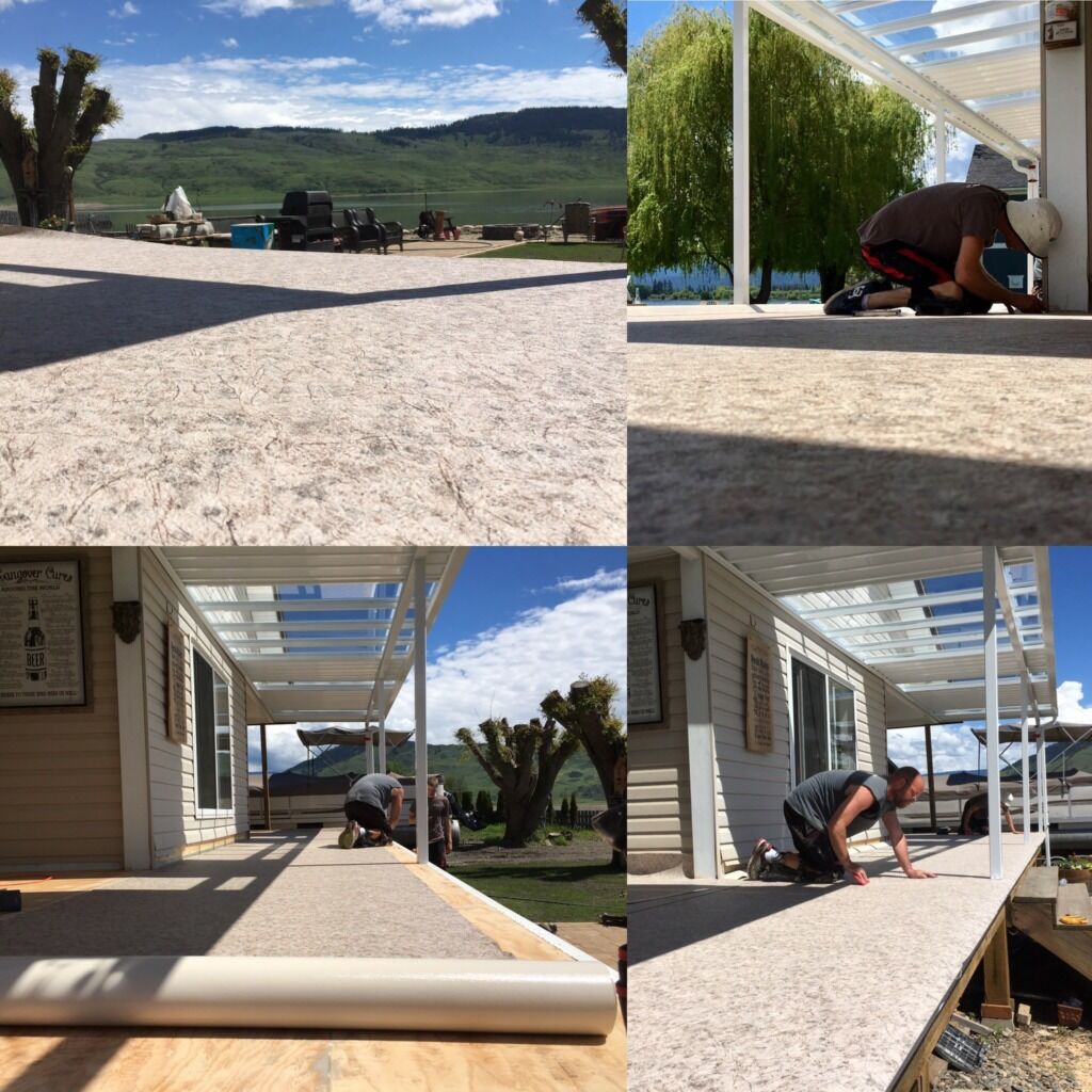 4 split-screen photos of workmen installing Econodek vinyl decking.