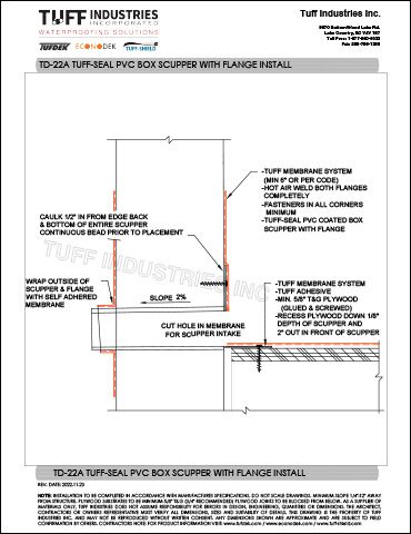 TD-22A TUFF-SEAL PVC BOX SCUPPER WITH FLANGE INSTALL Tuff Industries TD-22A PVC Box Supper with Flange Install directions.