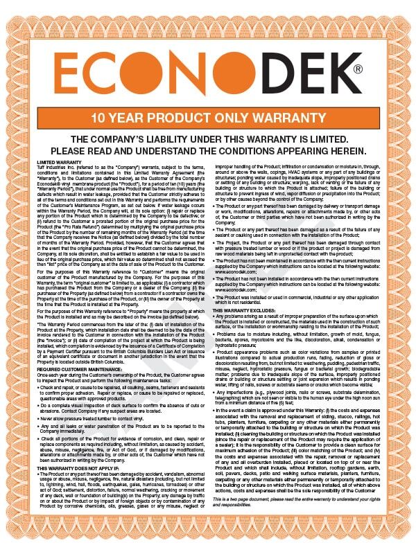 Econodek 10-year Product Warranty